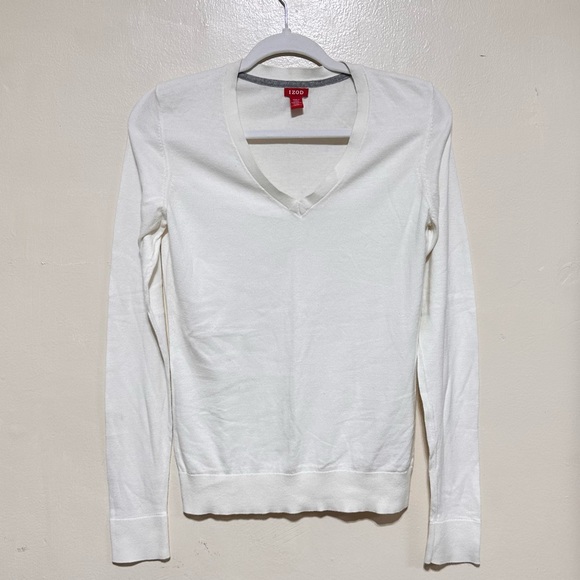 Izod EUC Cream White Knit Cotton V-neck Ribbed Light Sweater Size Small - Picture 2 of 10
